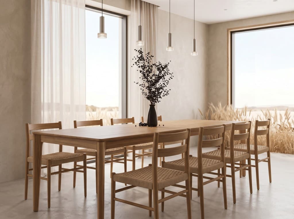 Pale oak dining collection in a clean Scandinavian-influenced interior